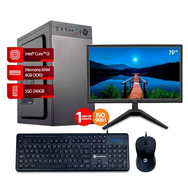 PC Completo Intel® Core™ i3, RAM 8GB, SSD 240GB, Linux + Monitor 19" LED + Teclado + Mouse