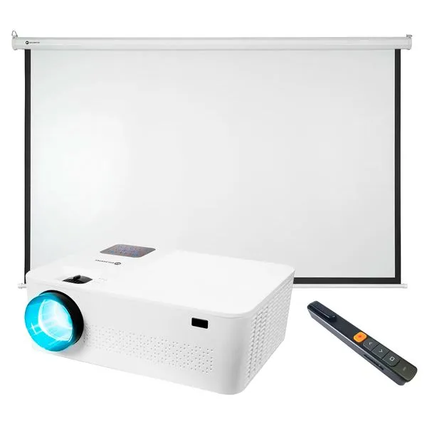 Projetor Multimídia 5500 Lumens Smart Full HD com HDMI, USB, AV e VGA com Tela de Projeção Retrátil 200x150cm e Apresentador com Laserpoint