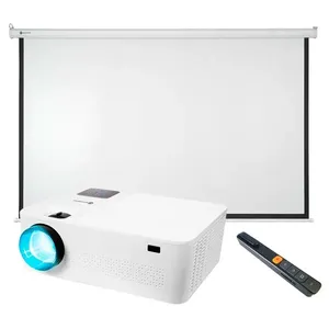 Projetor Multimídia 5500 Lumens Smart Full HD com HDMI, USB, AV e VGA com Tela de Projeção Retrátil 200x150cm e Apresentador com Laserpoint