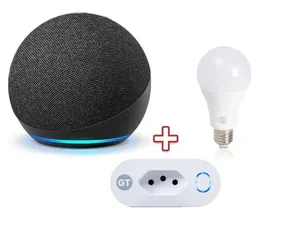 Kit com Amazon Echo Dot 4ª Geração+Tomada Inteligente Wi-Fi Goldentec+Lâmpada LED Inteligente Wi-Fi Goldentec