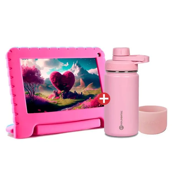 Kit Tablet Infantil Kid Pad Rosa Multilaser 4GB RAM 64GB Tela 7" Wi-fi + Garrafa Térmica Goldentec 350ml Rosa Claro + Capa de Silicone Goldentec