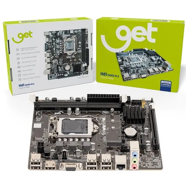 Placa-Mãe Get H61 DDR3 M2 LGA 1155, Suporte Intel 2°/3° Geração, SATA M.2 HDMI VGA USB 3.0 Micro ATX