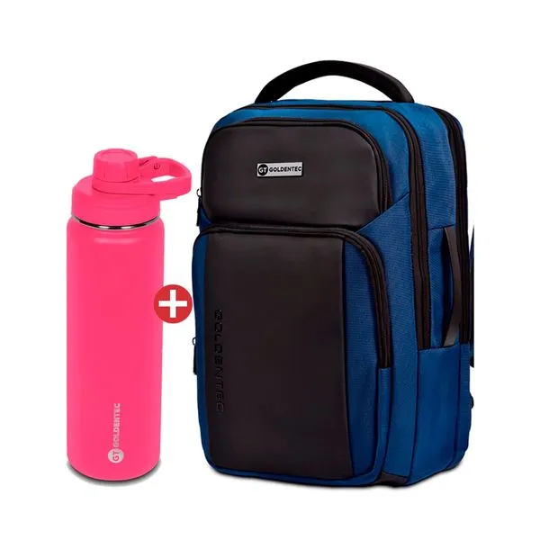 Mochila para Notebook 15.6" Prime Azul | Goldentec + Garrafa Térmica Inox Goldentec GT Colors 750 ml Rosa Pink