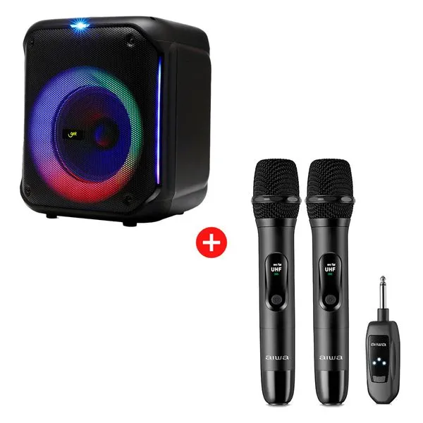 Caixa de Som Bluetooth TWS Get Cube 2 + Microfone Duplo Sem Fio Aiwa AWS-01 para Karaokê 10h de Bateria