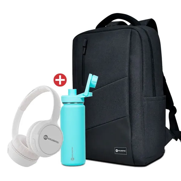 Mochila para Notebook 15.6 Pol Goldentec Essential + Headphone Bluetooth Goldentec GT Go Branco + Garrafa Térmica Goldentec Inox 500ml Azul Claro
