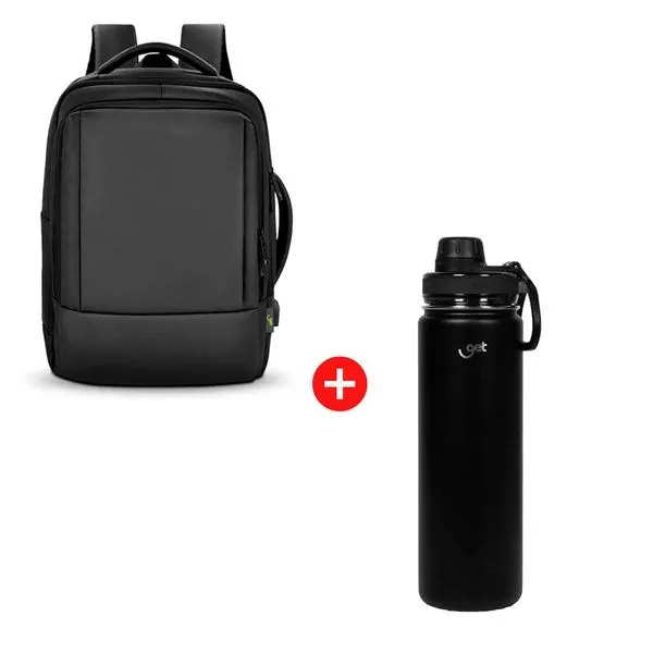 Mochila para Notebook até 17" Get Journey Preta + Garrafa Térmica Inox Get Trity 750ml Preto com tampa, bico e base Emborrachada