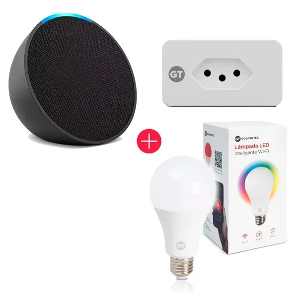Amazon Echo Pop Smart Speaker com Alexa Preto + Lâmpada Inteligente Goldentec Wi-Fi LED RGB 9W + Tomada Goldentec 16A Wi-Fi