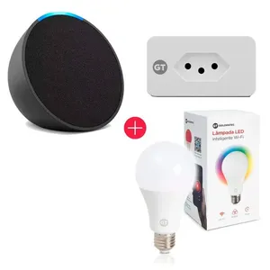 Amazon Echo Pop Smart Speaker com Alexa Preto + Lâmpada Inteligente Goldentec Wi-Fi LED RGB 9W + Tomada Goldentec 16A Wi-Fi