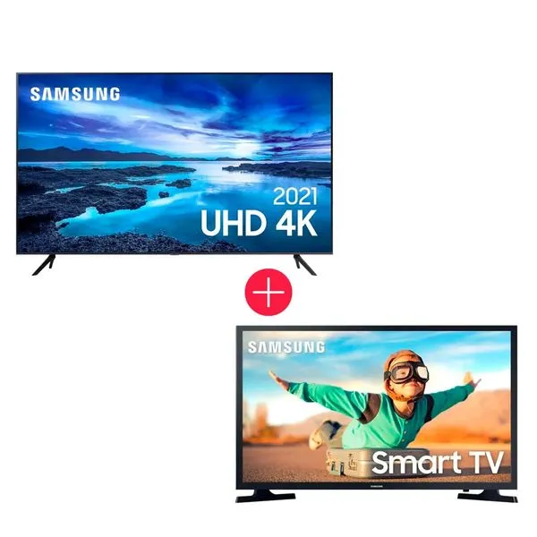 Kit com Smart Tv 75" Samsung UHD 4K 75AU7700, Processador Crystal 4K + Smart Tv 32" Samsung LED 32T4300 HDMI 1 USB HD-Wi-Fi