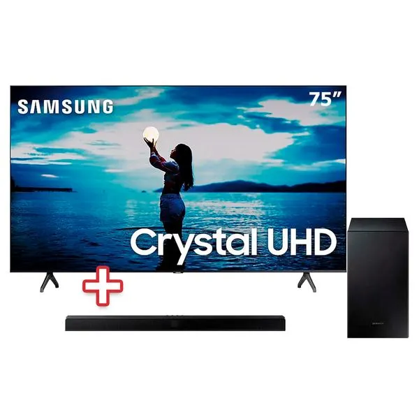 Smart TV 75" Crystal UHD TU7020 4K 2020 Samsung + Soundbar Samsung HW-T555, com 2.1 canais, Potência de 320W, Bluetooth, Subwoofer Sem Fio