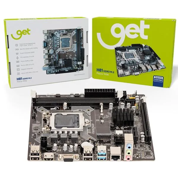 Placa-Mãe Get H81 M2 LGA 1150 DDR3, Suporte Intel 4° Geração, SATA M.2 HDMI VGA USB 3.0 Micro ATX