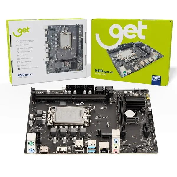 Placa-Mãe Get H610 M2 LGA 1700 DDR4, Suporte Intel 12ª a 14ª Geração, M.2 NVMe, HDMI, DP, USB 3.0, Micro ATX