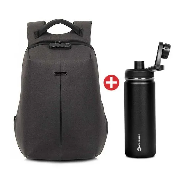 Kit Mochila para Notebook 15.6 Security 2 com Cadeado Antifurto Goldentec + Garrafa Térmica Inox Goldentec 750 ml com bico e base emborrachada Preto