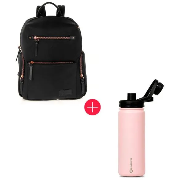 Mochila para Notebook 14" Black Rose + Garrafa Térmica Inox 500ml para bebidas quentes ou frias com tampo com bico - Rosa | GT