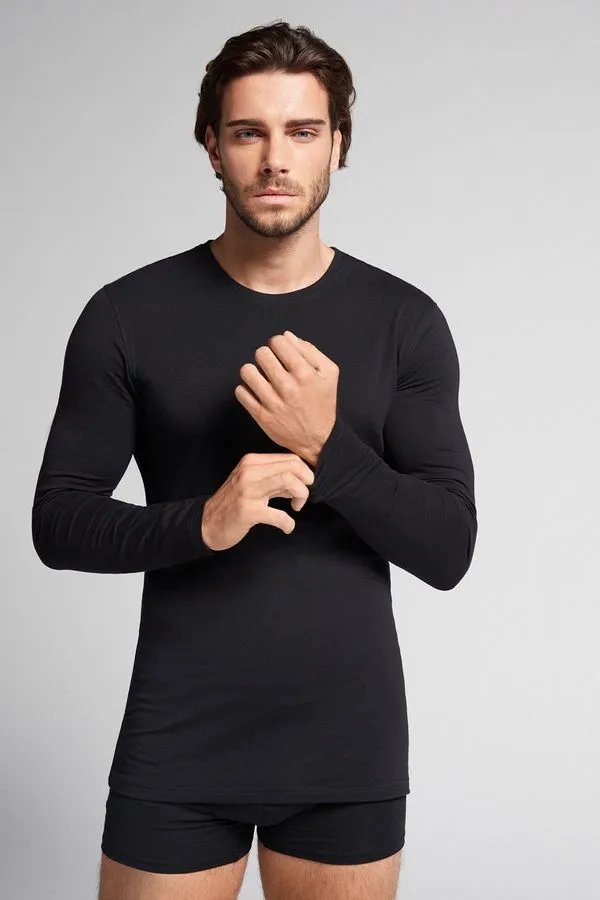 Camiseta De Manga Comprida De Algodão Supima Elástico - Preto P