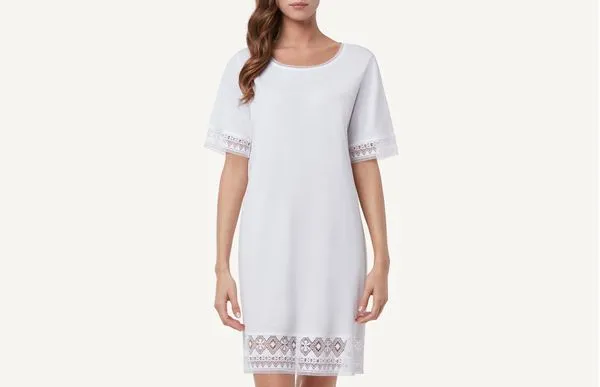 Camisa De Noite De Algodão Supima e Renda Macramè - Branco M