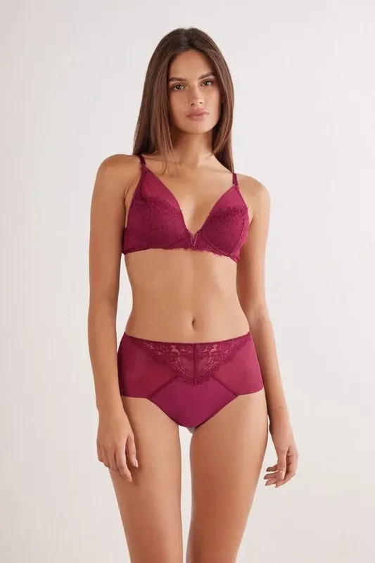 Calcinha Culotte Brasileira De Cintura Alta Sheer Glamour - Bordô M