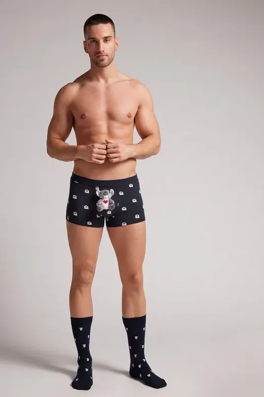 Cueca Boxer Em Algodão Supima Com Coala De Pelúcia - Azul M
