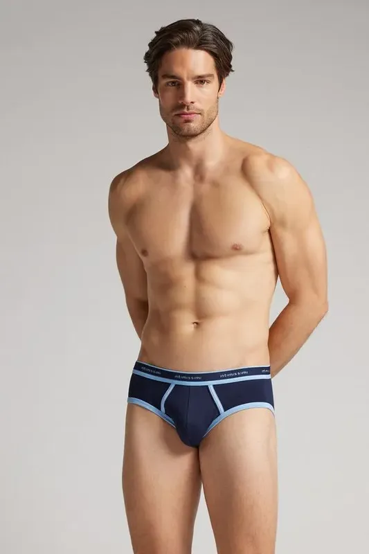 Cueca Slip Em Algodão Supima Com Logotipo - Azul GG