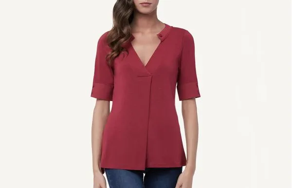 Blusa De Manga Curta Em Viscose Com Decote Em v - Vermelho M