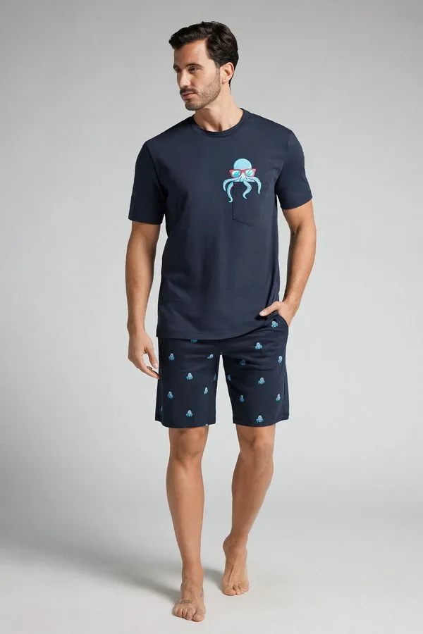 Pijama Curto Com Estampa De Polvo Em Algodão - Azul G