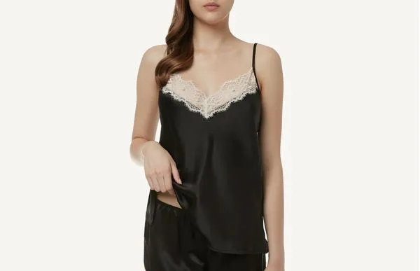 Blusa De Seda Com Renda Chic Pearls - Preto P