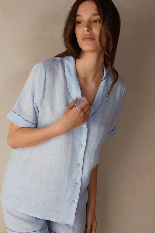 Camisa Manga Curta Em Linho Yacht Night - Azul P