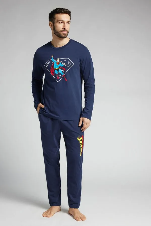 Pijama Comprido Superman Em Algodão - Azul G