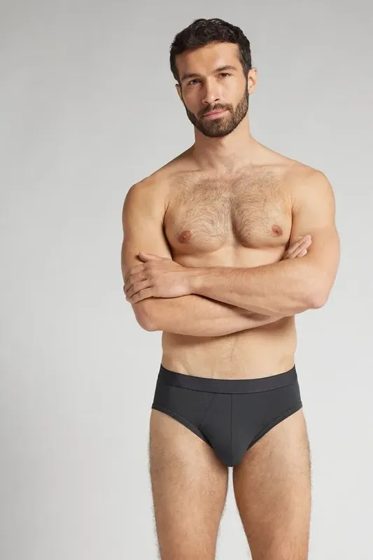 Cueca Slip Em Algodão Supima Com Elástico Visível - Cinza M