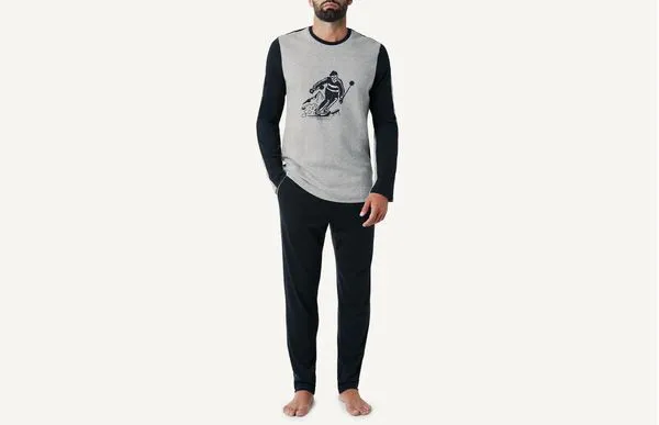 Pijama Comprido De Algodão e Jacquard Com Esquiador - Azul G