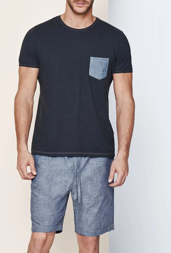 Pijama Masculino Curto Em Jersey e Tela Denim - Azul M