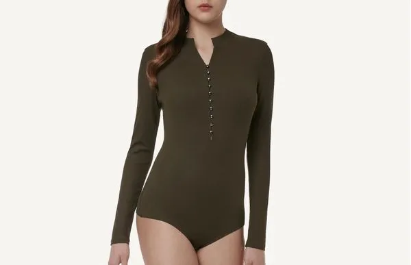 Body Feminino Manga Comprida Decote Tunisino Com Botões - Verde G