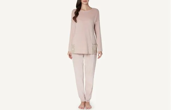 Pijama Comprido De Chenille Com Bolsos - Rosa G