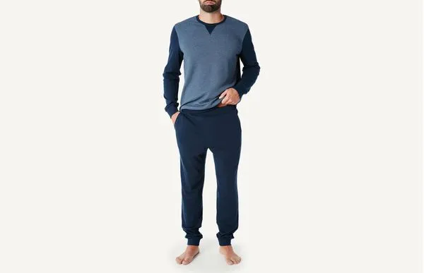 Pijama Homem Comprido Com Camiseta Aos Quadrados Jacquard - Azul P