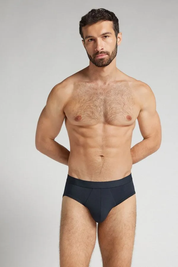 Cueca Slip Em Algodão Supima Com Elástico Visível - Azul GG