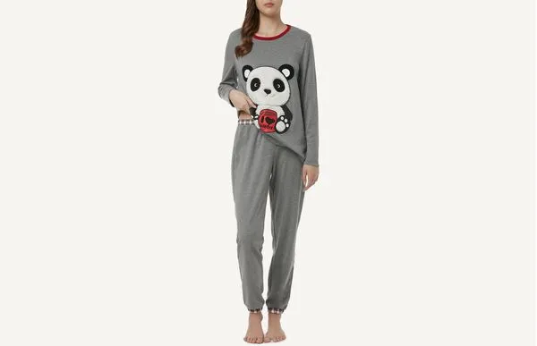 Pijama Comprido De Algodão Com Patch Panda - Cinza P