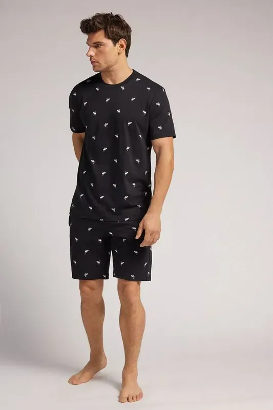 Pijama Curto Tubarões Em Algodão - Preto G