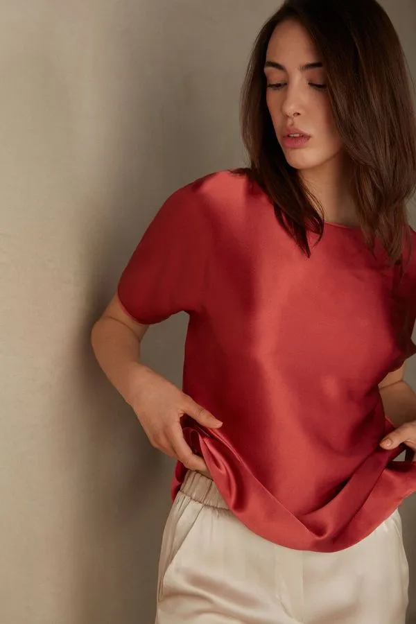 Blusa Manga Curta Em Seda e Modal - Rosa G