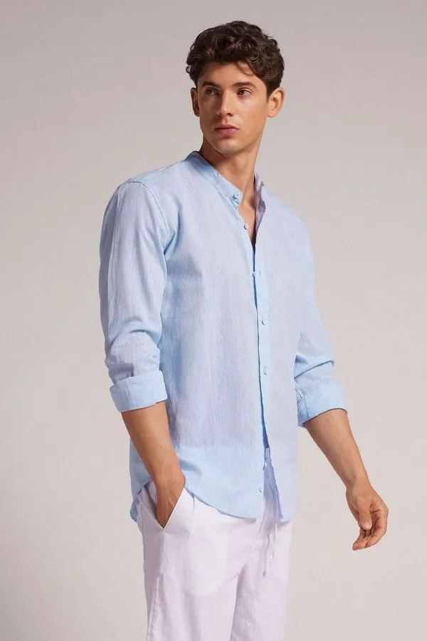 Camisa Com Colarinho Mandarim Em Linho e Algodão - Azul G