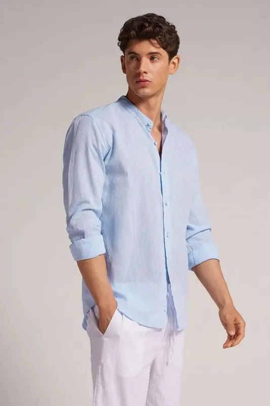 Camisa Com Colarinho Mandarim Em Linho e Algodão - Azul G