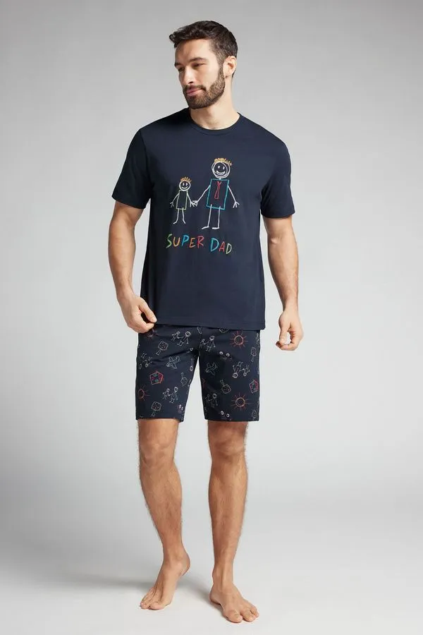 Pijama Curto Super Dad Em Algodão - Azul M