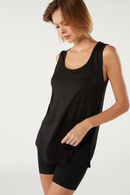 Blusa De Alças Largas Em Liocel - Preto P