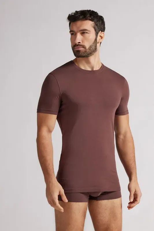 Camiseta Em Algodão Supima Elástico - Marrom P