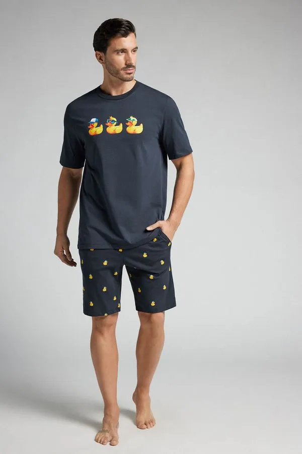 Pijama Curto Com Estampa De Patos Em Algodão - Azul GG