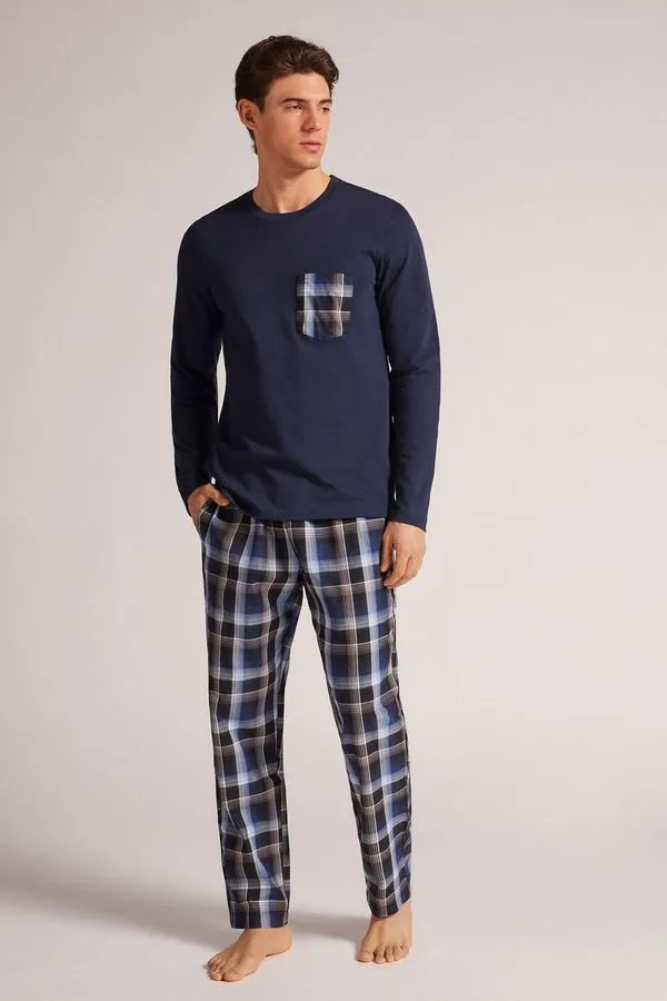 Pijama Comprido Xadrez Em Algodão - Azul M