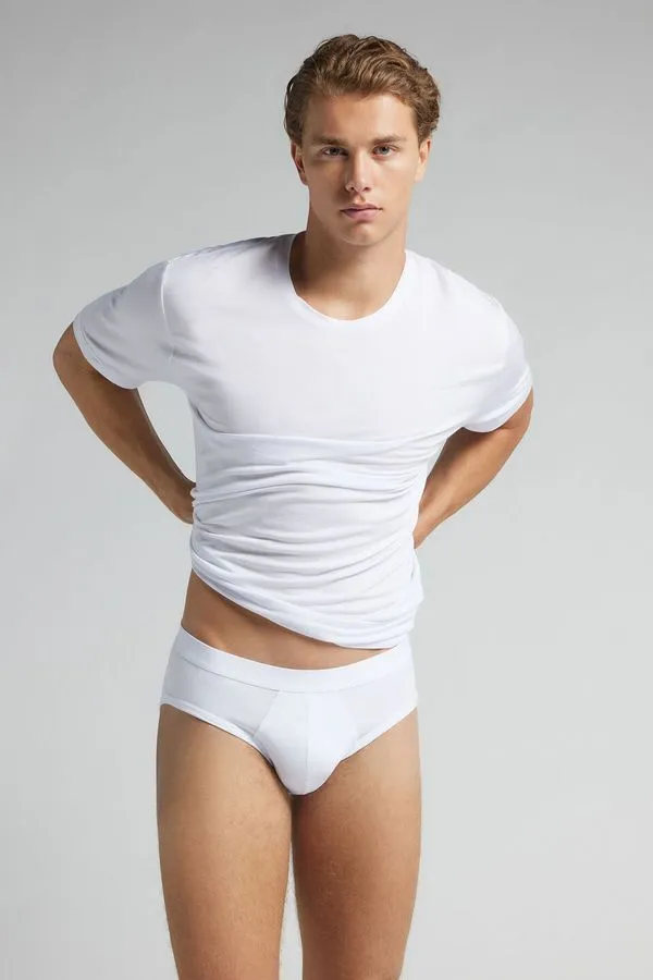 Cueca Slip Em Algodão Supima Com Elástico Visível - Branco P
