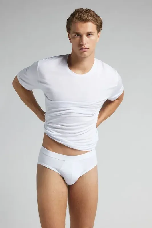 Cueca Slip Em Algodão Supima Com Elástico Visível - Branco P