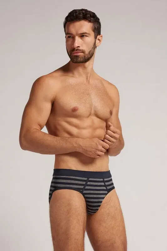 Cueca Slip Listrada Em Algodão Supima - Azul G