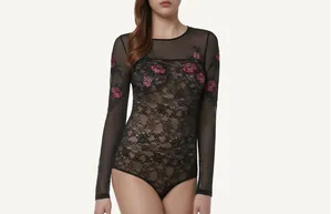 Body Feminino Manga Comprida Renda e Tule Com Bordados - Preto G
