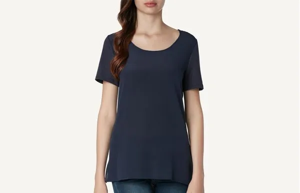 Blusa De Manga Curta Em Supima Cotton e Seda - Azul G